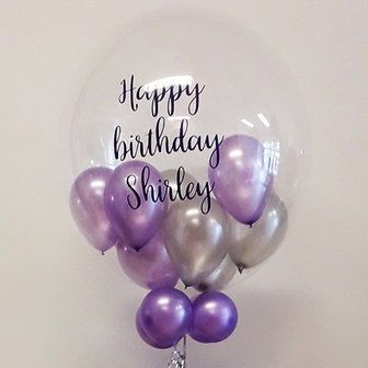 Lovedeco - Bubble ballon met eigen tekst gevuld met ballonnetjes, happy birthday shirley, paars zilver
