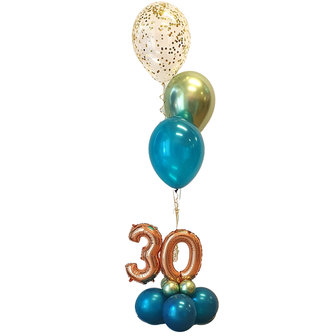 Lovedeco - Bescheiden cijfer ballonboeket goud, pearl teal en chrome groen 30 jaar