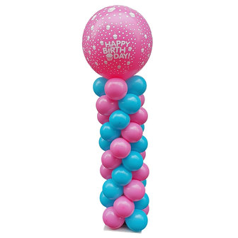 Lovedeco - Standaard ballonpilaar met bedrukte topballon uit assortiment happy birthday Caribbean blauw en fuchsia roze