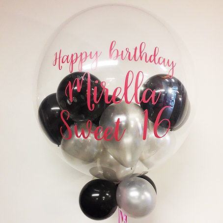 Lovedeco - Bubble ballon met eigen tekst gevuld met ballonnetjes, Happy birthday Mirella sweet 16