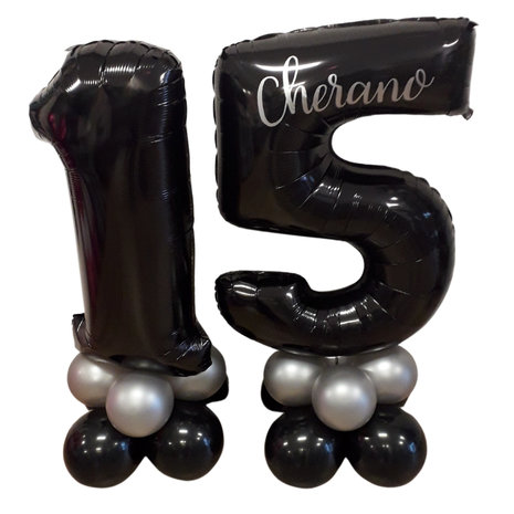 Lovedeco - Mega cijfer ballonpilaar 15 zwart zilver met naam Cherano