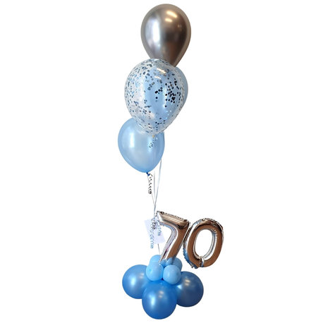 Lovedeco - Bescheiden cijfer ballonboeket zilver, azure blauw en pearl blauw 70 jaar