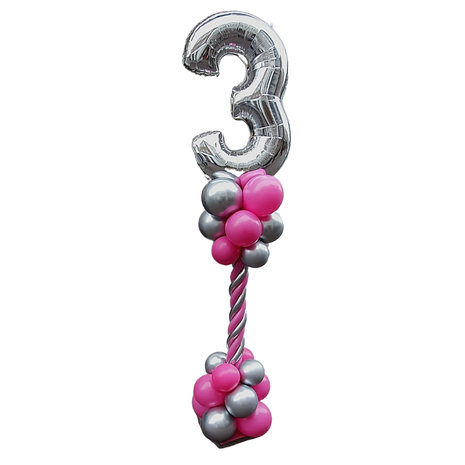 Lovedeco - Luxe ballonpilaar 3 jaar roze en chrome zilver 