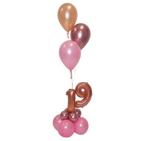 Lovedeco - Bescheiden cijfer ballonboeket 19 jaar Pearl fuchsia, chrome mauve en rosé goud